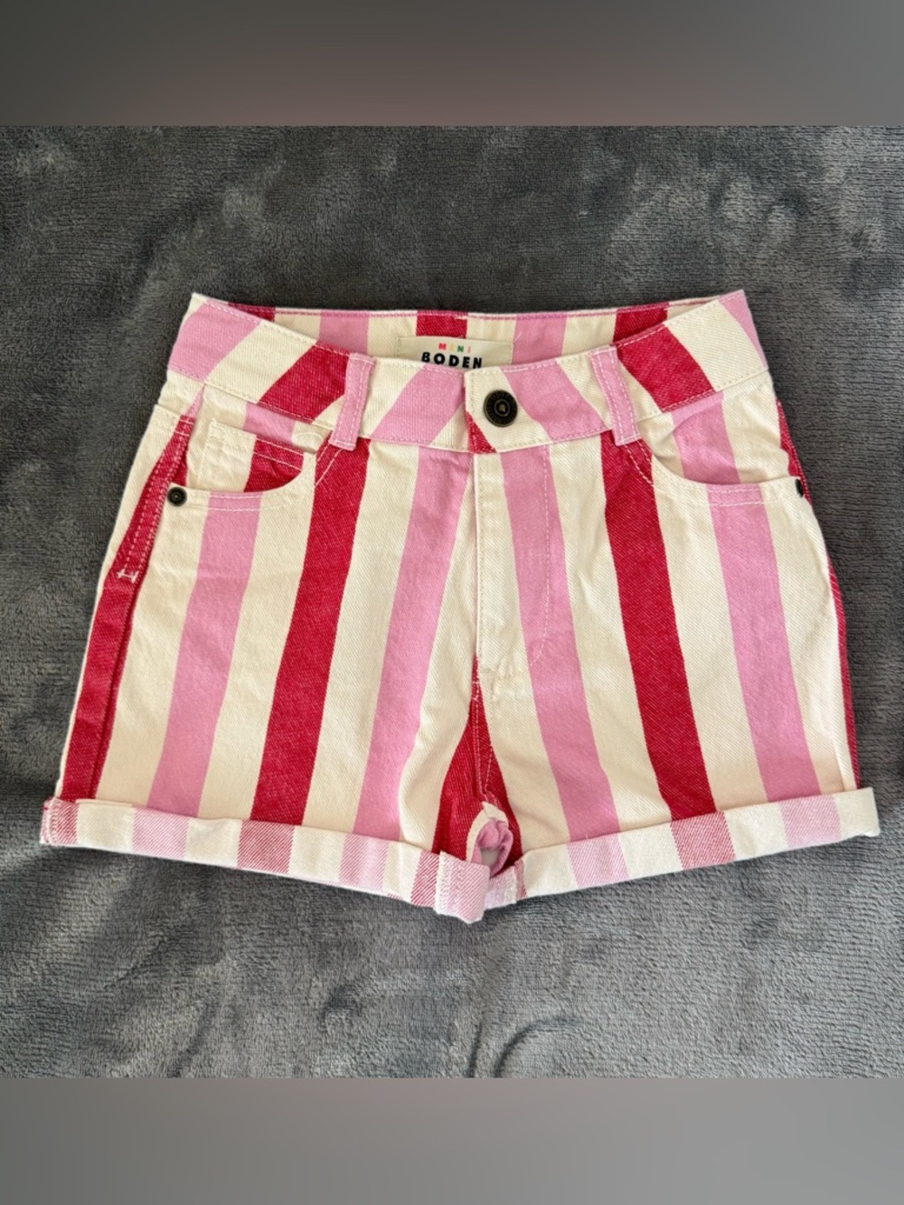 Mini Boden Girls Striped Denim Shorts Size 7-8 Pink Red White Heart Pockets NWT